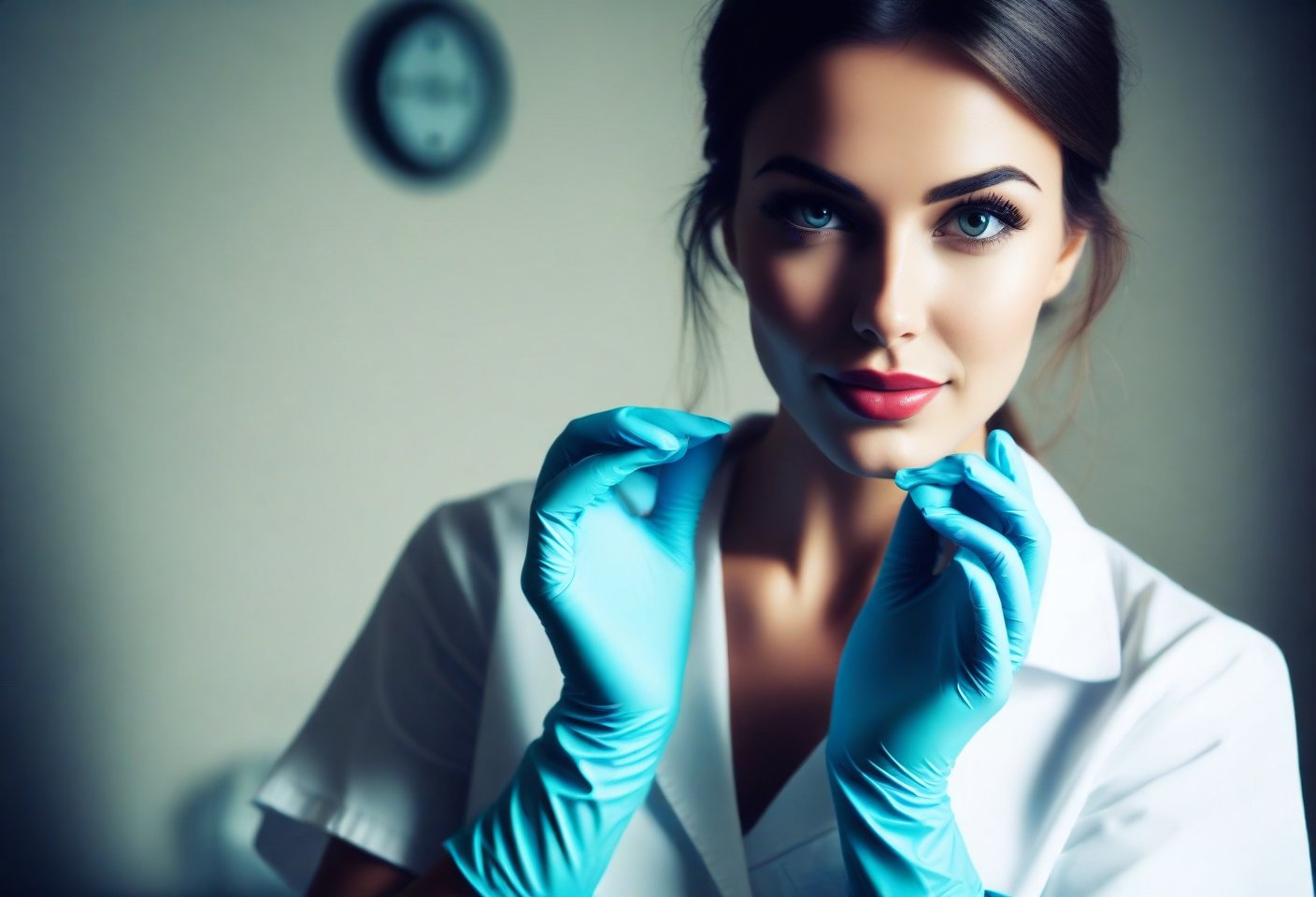 instagram photo, full photo of 26 y.o sexy nurse, putting on rubber gloves, perfect detailed eyes, natural skin, hard shadows, film grain