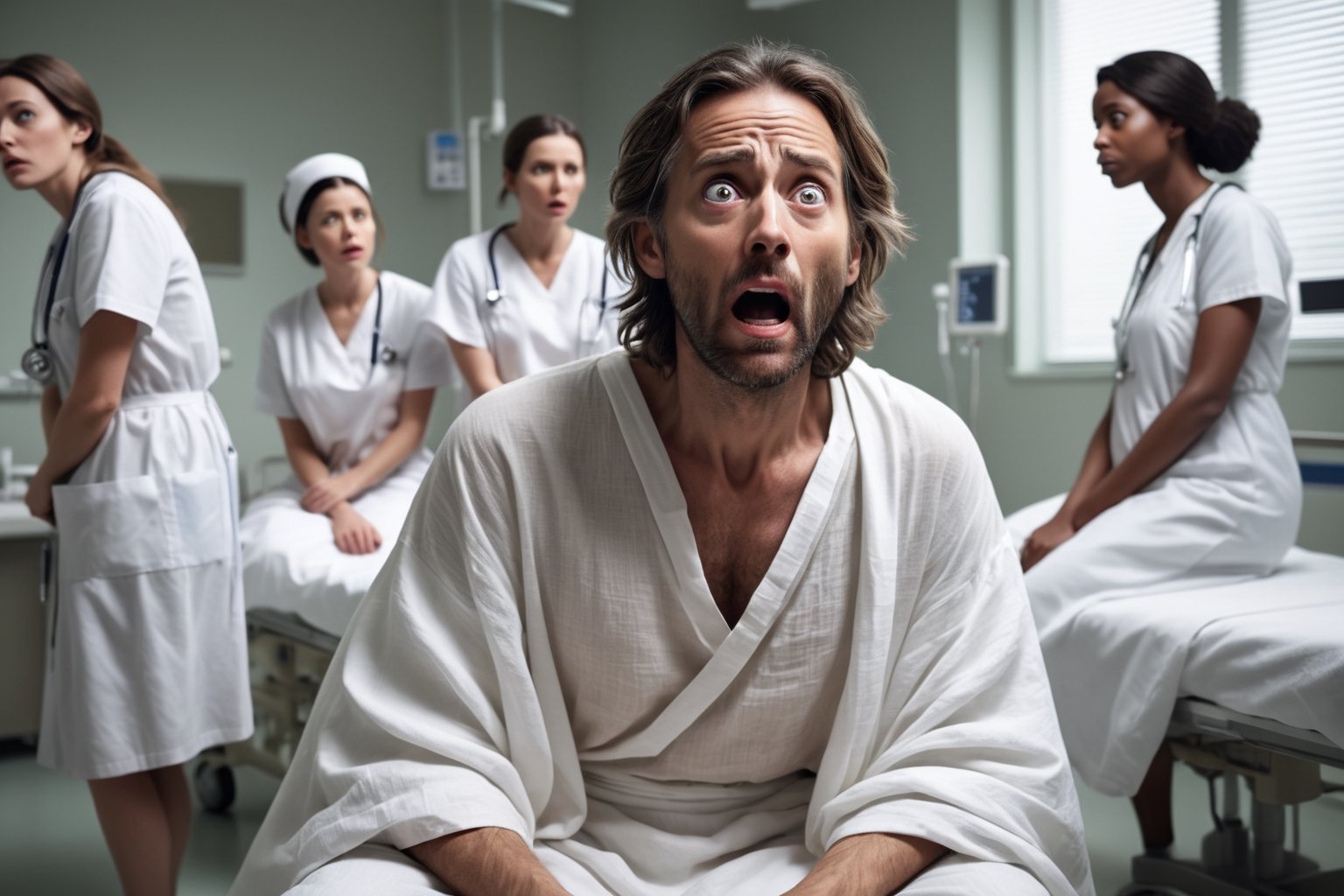 Jesus,  wrapped in white linen,  sitting up abruptly in a dimly lit hospital. His eyes are wide with surprise as those aro...