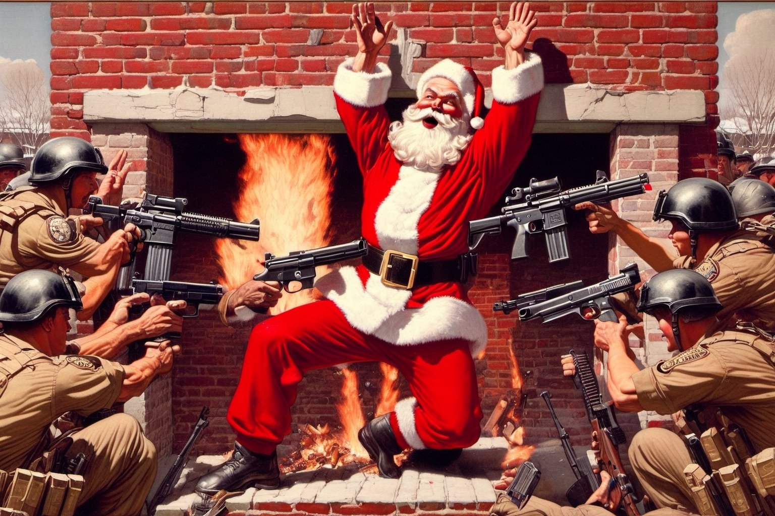 Painting of Santa,  both hands up in air in surrender,  standing beside a chimney with police SWAT team pointing their gun...
