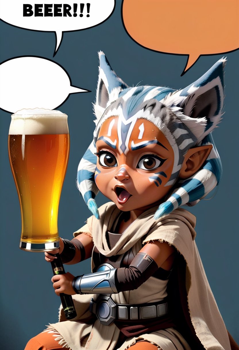 Baby Ahsoka Tano drinking beer ,  Comic strip speech bubble says "BEER!". by NobodyButMeow on Tensor.Art