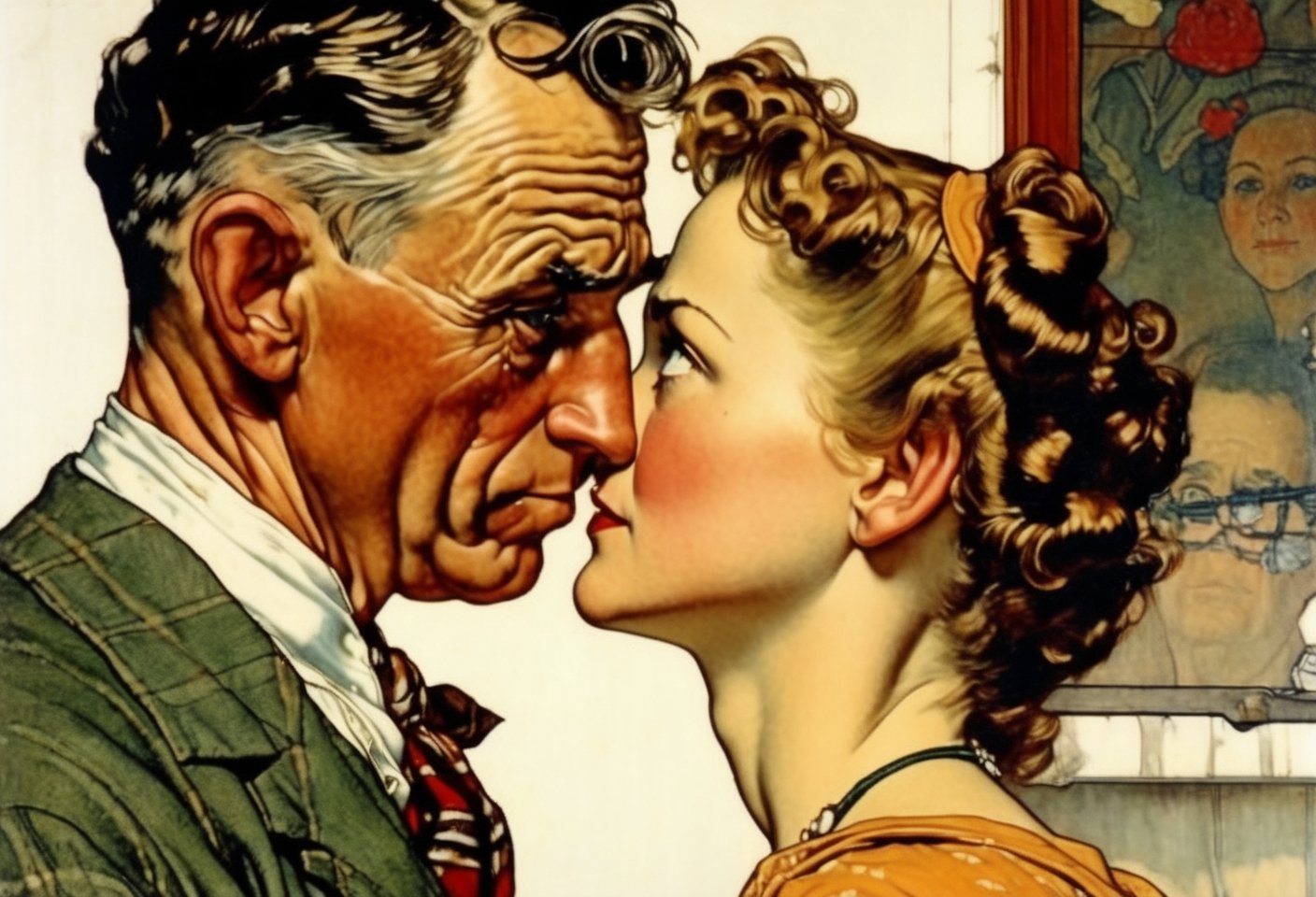 Art by Norman Rockwell. Closeup of a couple staring intensely at each other.