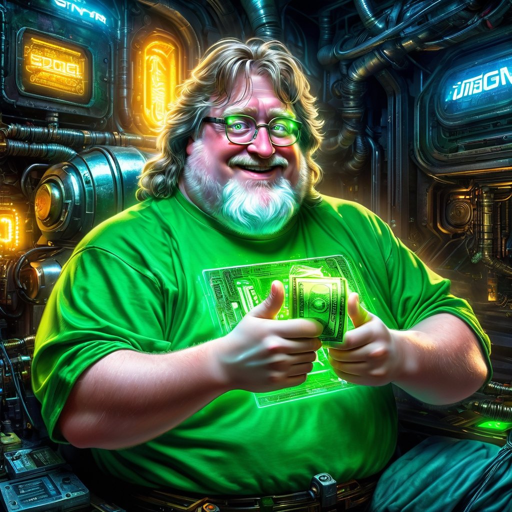 Cyberpunk Gabe Newell, bright green text on shirt says, "G Money", laughing, steam summer sale, hacker, Gaben has all your money, glowing green dollar sign for eyes, greed, holding money in his hand, futuristic, sci-fi, glowing green mechanical glove, cityscape, rooftop, luxury suite, thumbs up, cyberpunk, cyberpunk art, perfect light,
(frozen sleep capsule:1.3),machine apple,
(very dark room:1.3),((machine embedded in the body)),basement,(machine and human:1.2),snow white sleeping in the machine,hr giger,biomechanic,rusted machine,Ancient/Mystic atmosphere,Rainbow Effect,Emphasizing light dispersion,fusion with machine,game design,
