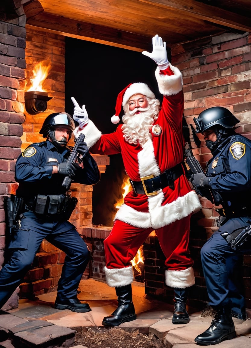 Photo of Santa,  both hands up in air in surrender,  standing beside a chimney with police SWAT team pointing their guns a...