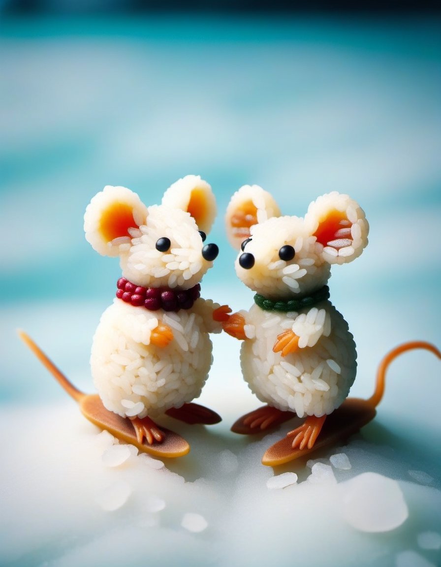 Vintage old photograph of two cute little mice made of rice, ice-skating on frozen pond in the winter. Canon 5d Mark 4, Kodak Ektar,