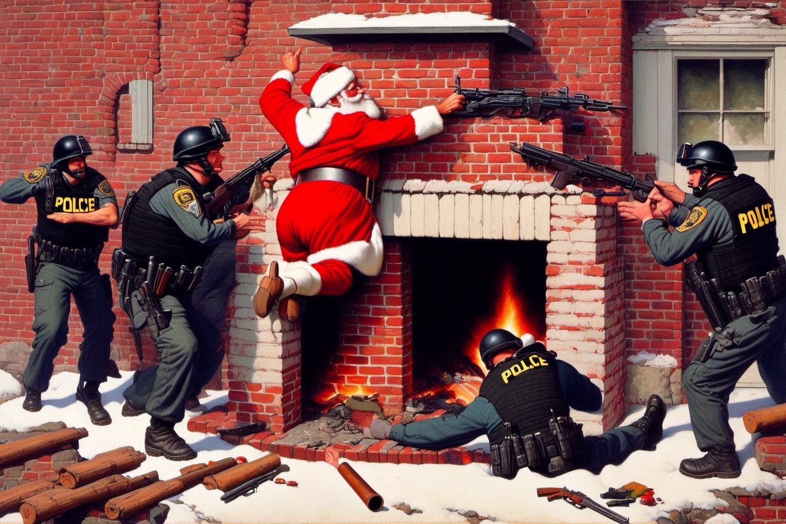 Painting of Santa,  both hands up in air in surrender,  standing beside a chimney with police SWAT team pointing their gun...