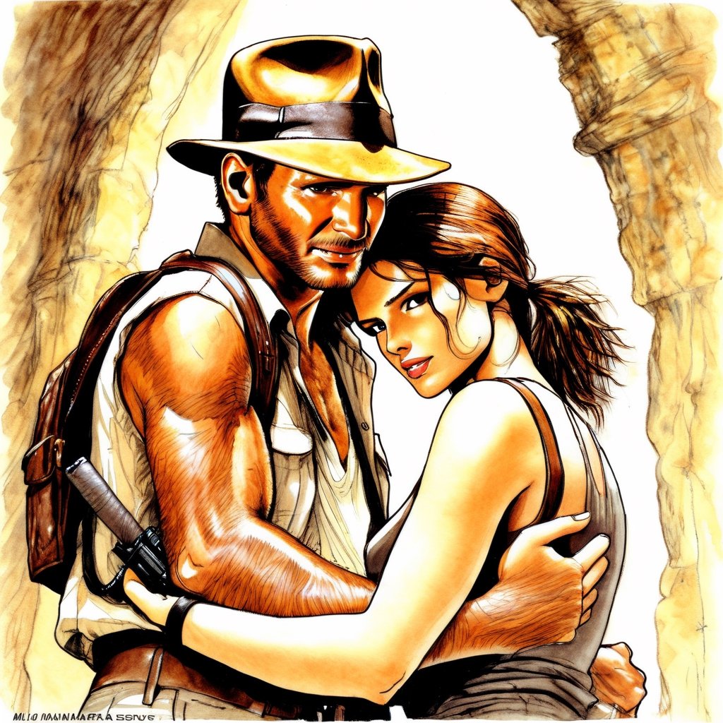 Indiana Jones hugging Lara Croft,  art by Milo Manara by NobodyButMeow on Tensor.Art