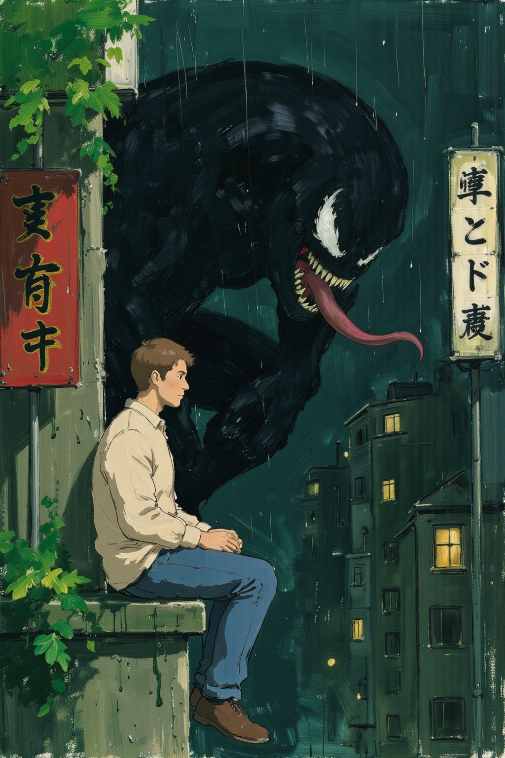 ghiblify anime. Sketch painting. ghiblistyle. A night scene in a Japanese urban setting. A man in profile, with short brown hair and light skin sits on a low, on balcony, looks up a looming and towering profile of Venom who advances on the same structure. The man wears a light beige long-sleeved shirt, blue jeans, and red shoes. Venom is depicted in his classic form: large, black, and muscular with a toothy grin, long red tongue, and white, menacing eyes. Heavy rain is falling and everyone is soaking wet. The background features a dense array of multi-story buildings with glowing windows and Japanese signage. Two vertical signs are prominent in the foreground. One, directly behind the man, is red with gold-colored characters (presumably Kanji). The other, on the lower left edge, is a lighter color with darker vertical text. The scene is filled with dark greens and blues, giving it a nocturnal and slightly melancholic atmosphere. Greenery, like vines and leafy plants, grows on the buildings and the structure where the man sits, contributing to the Ghibli aesthetic.,