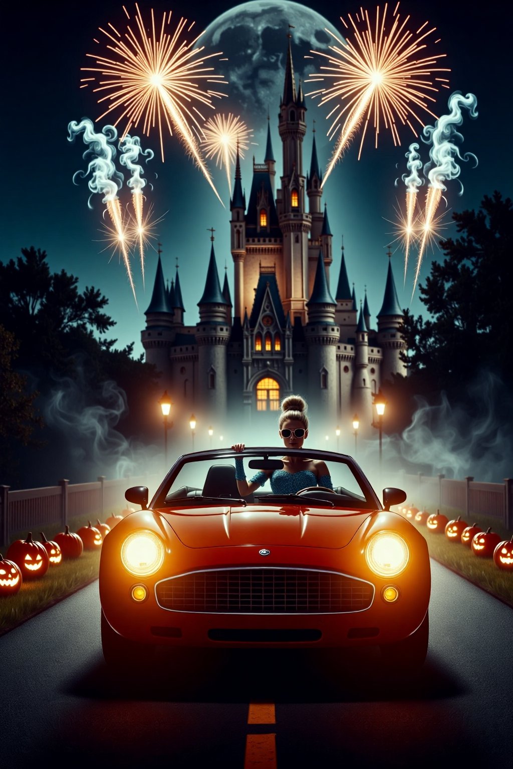 dark horror photography of Cinderella driving pumpkin-shaped car as she heads to the ball. Cinderella, dressed in her sparkling blue gown, wears cool aviator sunglasses, adding a modern and edgy twist to her classic look. The car is round and shaped like a giant pumpkin. In the background, a majestic castle stands illuminated under the night sky, with bright fireworks bursting above it. The road leading to the castle is lined with glowing pumpkins, adding a magical touch. The vibe is a mix of fairytale magic and modern cool. Soft moonlight, vibrant fireworks, modern fairytale aesthetic, whimsical yet stylish.  smoke and gas spirit rising up. horror scary glowing,AHaunted,