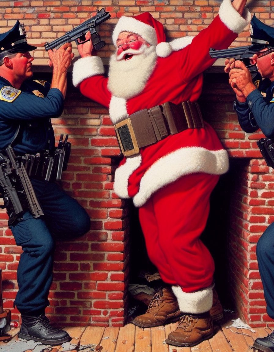 Painting of Santa,  both hands up in air in surrender,  standing beside a chimney with police SWAT team pointing their gun...