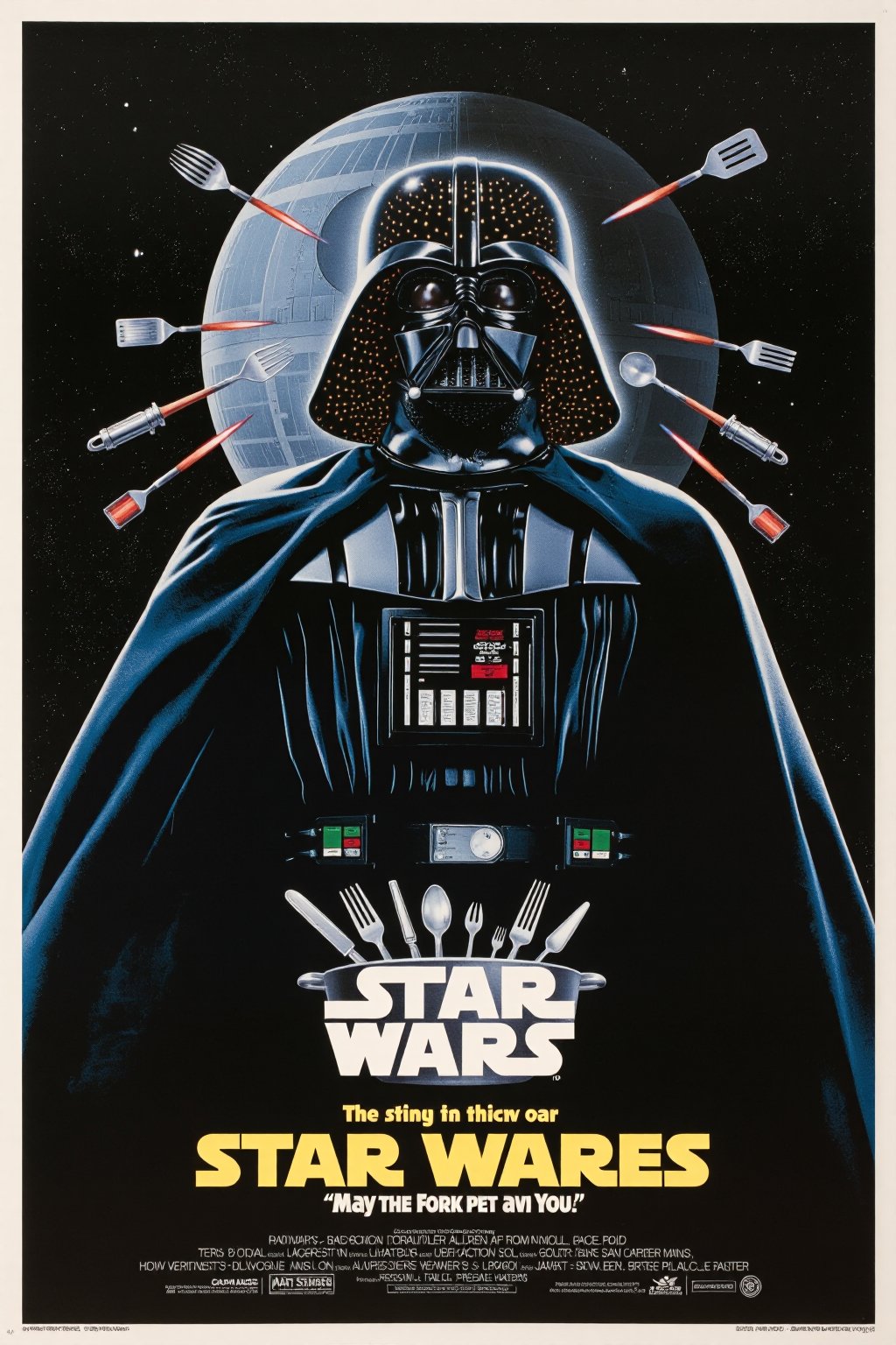 A vintage movie poster titled "Star Wares,  " featuring Darth Vader with a kitchen colander hilariously replacing his icon...