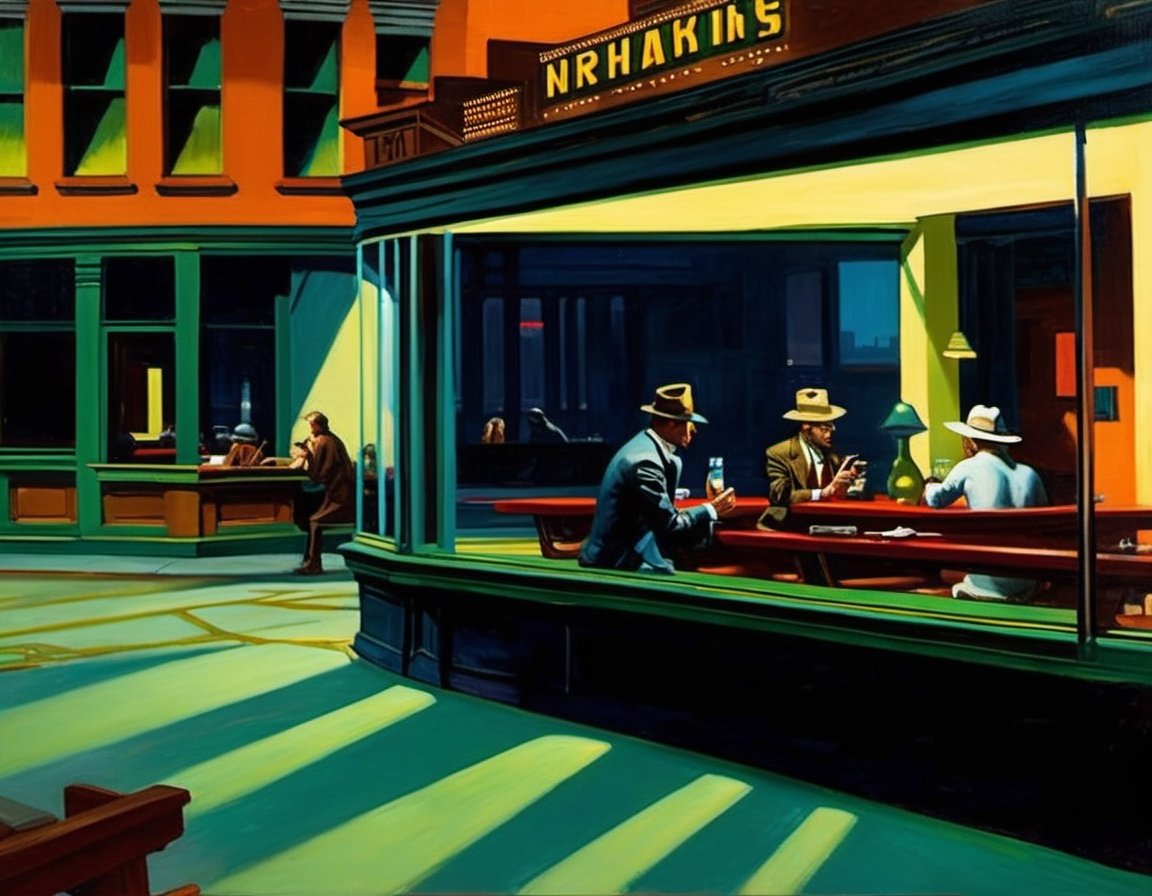 oil-on-canvas paintin Nighthawks 1942 art by Edward Hopper,  cyberpunk cafe dinner,  cyberpunk 2077 style by NobodyButMeow...