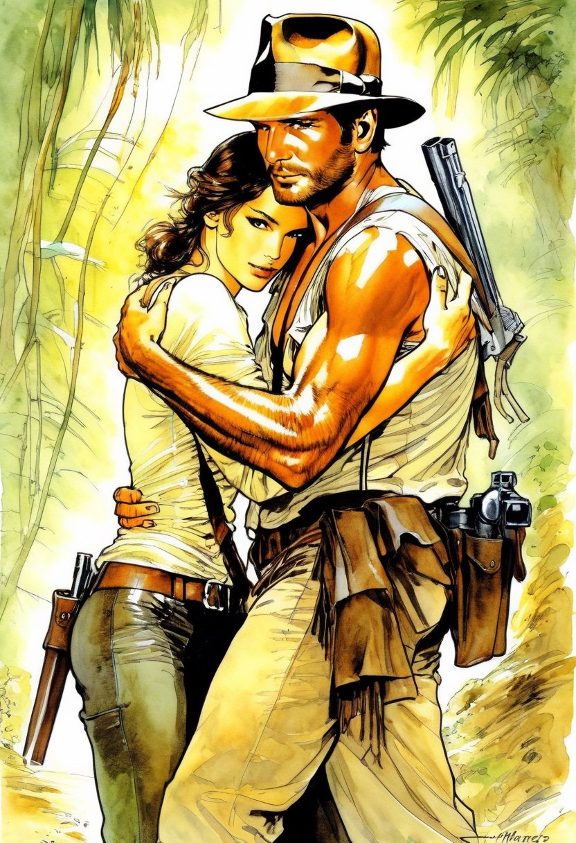Indiana Jones hugging Lara Croft,  art by Milo Manara by NobodyButMeow on Tensor.Art