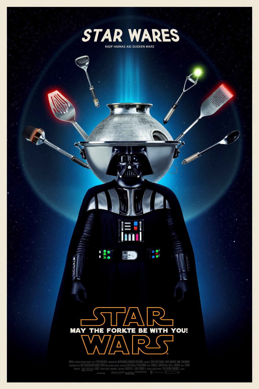 mvpstr with the title:"STAR WARES",  cinematic movie poster featuring Darth Vader with a kitchen colander hilariously repl...