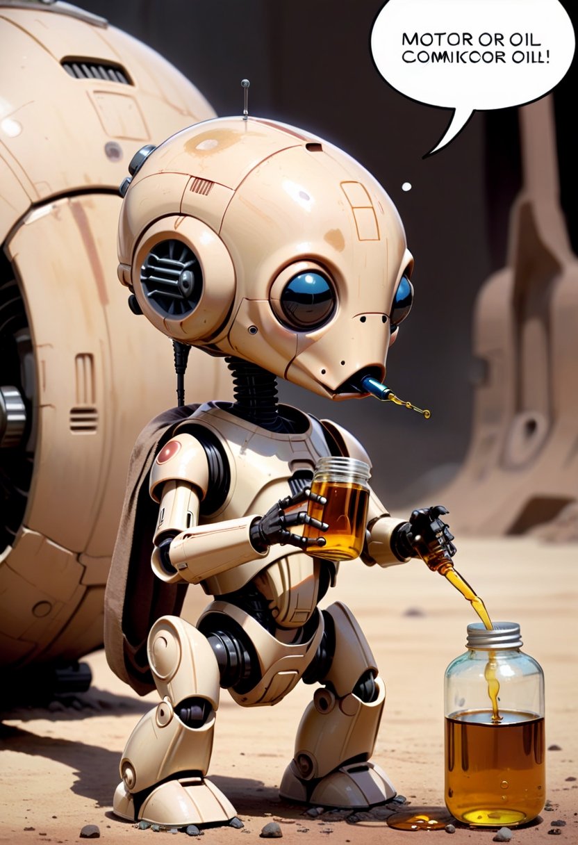 Baby Battle Droid from Star War Prequel,  drinking oil ,  Comic strip speech bubble "MOTOR OIL!". by NobodyButMeow on Tens...