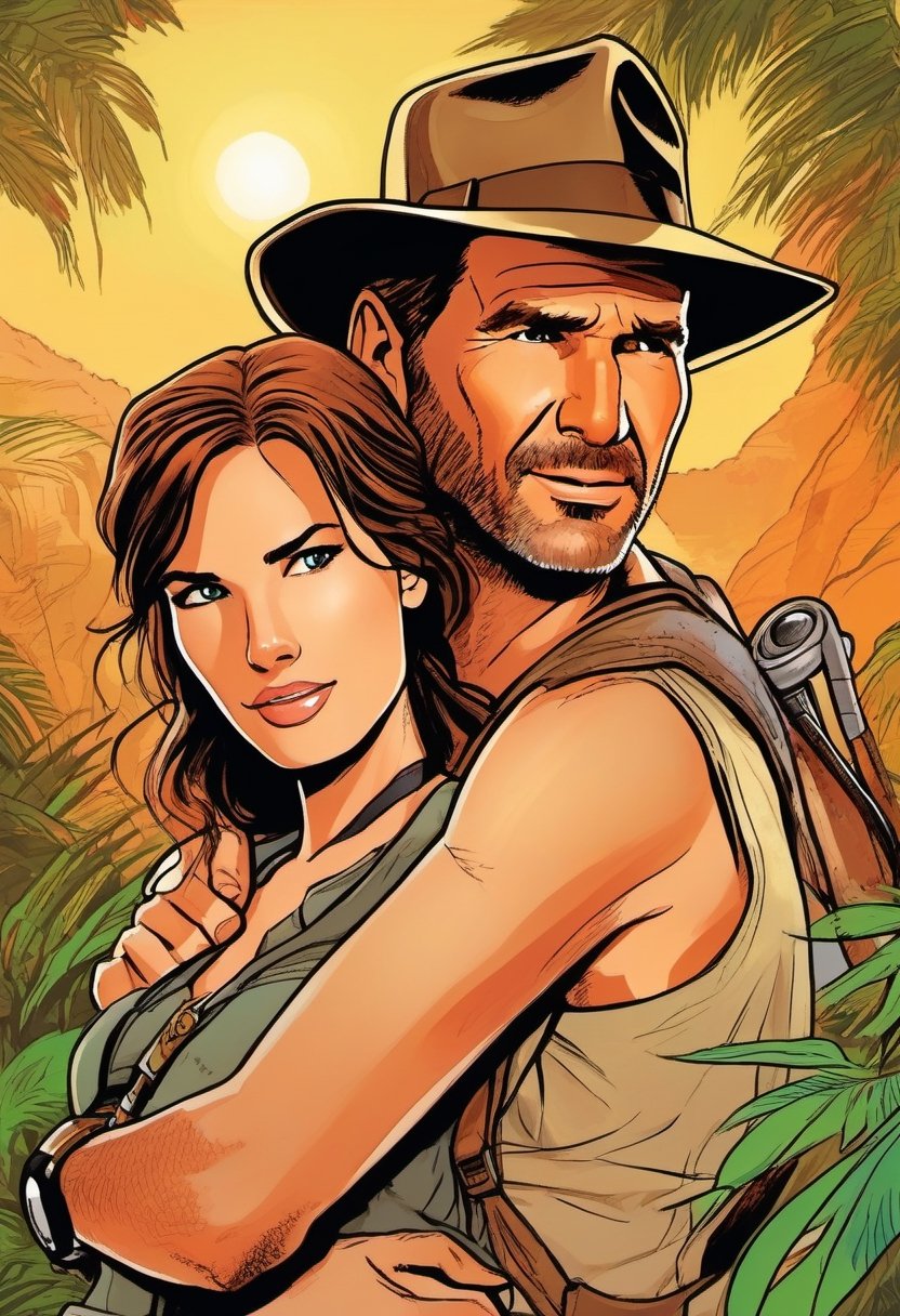 Indiana Jones hugging Lara Croft,  color Illustration by NobodyButMeow on Tensor.Art