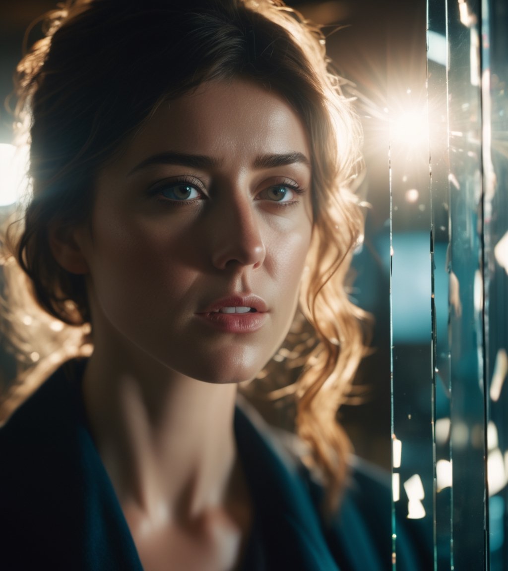 shattered mirror, reflect, girl's face, cinematic shot + dynamic composition, incredibly detailed, sharpen, details + intricate detail + professional lighting, film lighting + 35mm + anamorphic + lightroom + cinematography + bokeh + lens flare + film grain + HDR10 + 8K + Roger Deakins, ((cinematic))