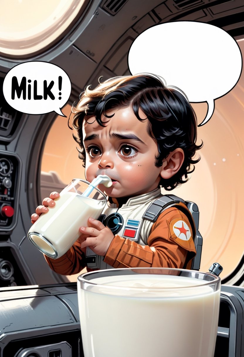 Baby Poe Dameron as X-Wing Pilot drinking milk ,  Comic strip speech bubble "MILK!". by NobodyButMeow on Tensor.Art