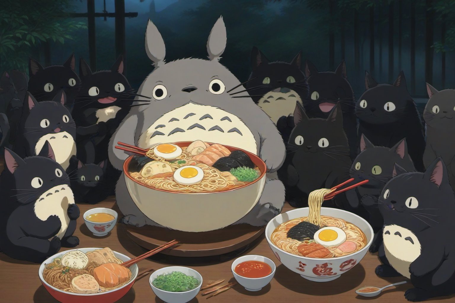 Anime artwork. Totoro eating a bowl of ramen, surrounded by a group of black cats