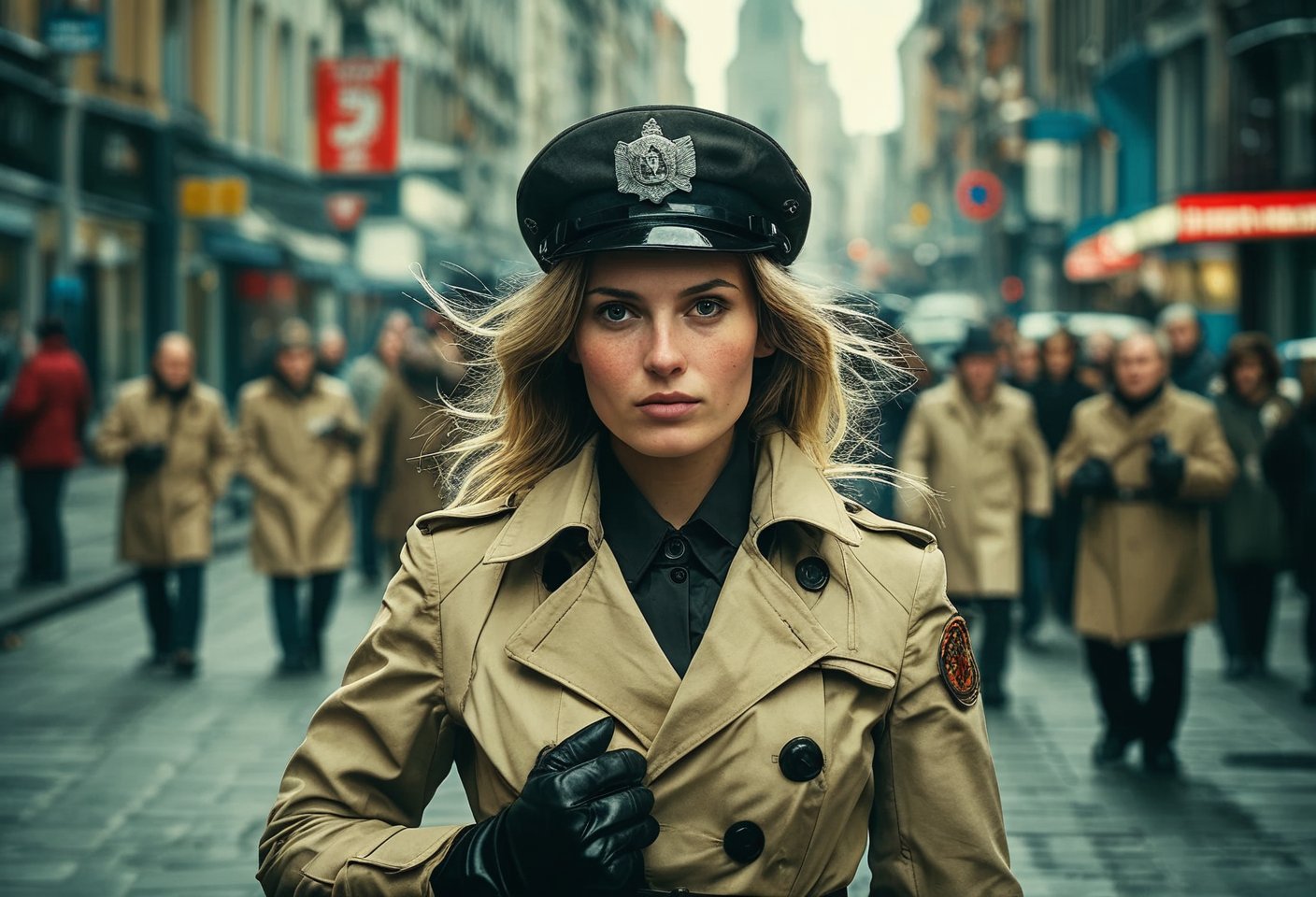 Close up of photo of a woman in trench coat, Stahlhelm, badge, gloves, walking in crowded street, stylized, Light, epic atmosphere, theatrical, 