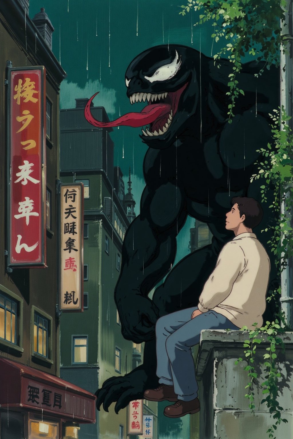 ghiblify anime. KikiLaPetiteSorciere style image. Sketch painting. ghiblistyle. A rainy night scene in a Japanese urban setting. A man in profile, is looking up in surprise at the looming and towering profile of Venom who advances on the same structure. The man wears a light beige long-sleeved shirt, blue jeans, and red shoes. Venom is depicted in his classic form: large, black, and muscular with a toothy grin, long red tongue, and white, menacing eyes. Heavy rain is falling and everyone is soaking wet. The background features a dense array of multi-story buildings with glowing windows and Japanese signage. Two vertical signs are prominent in the foreground. One, directly behind the man, is red with gold-colored characters (presumably Kanji). The other, on the lower left edge, is a lighter color with darker vertical text. The scene is filled with dark greens and blues, giving it a nocturnal and slightly melancholic atmosphere. Greenery, like vines and leafy plants, grows on the buildings and the structure where the man sits, contributing to the Ghibli aesthetic.,