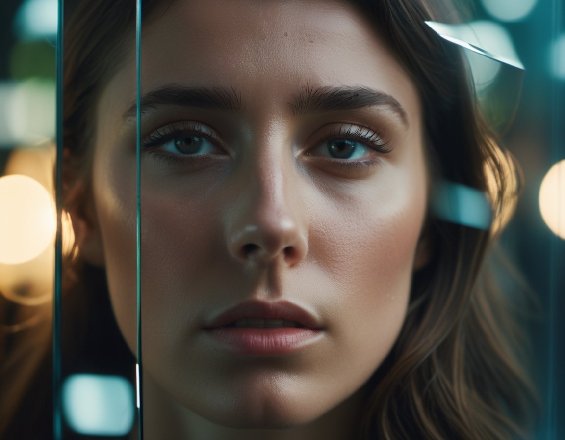 shattered mirror, reflect, girl's face, cinematic shot + dynamic composition, incredibly detailed, sharpen, details + intricate detail + professional lighting, film lighting + 35mm + anamorphic + lightroom + cinematography + bokeh + lens flare + film grain + HDR10 + 8K + Roger Deakins, ((cinematic))