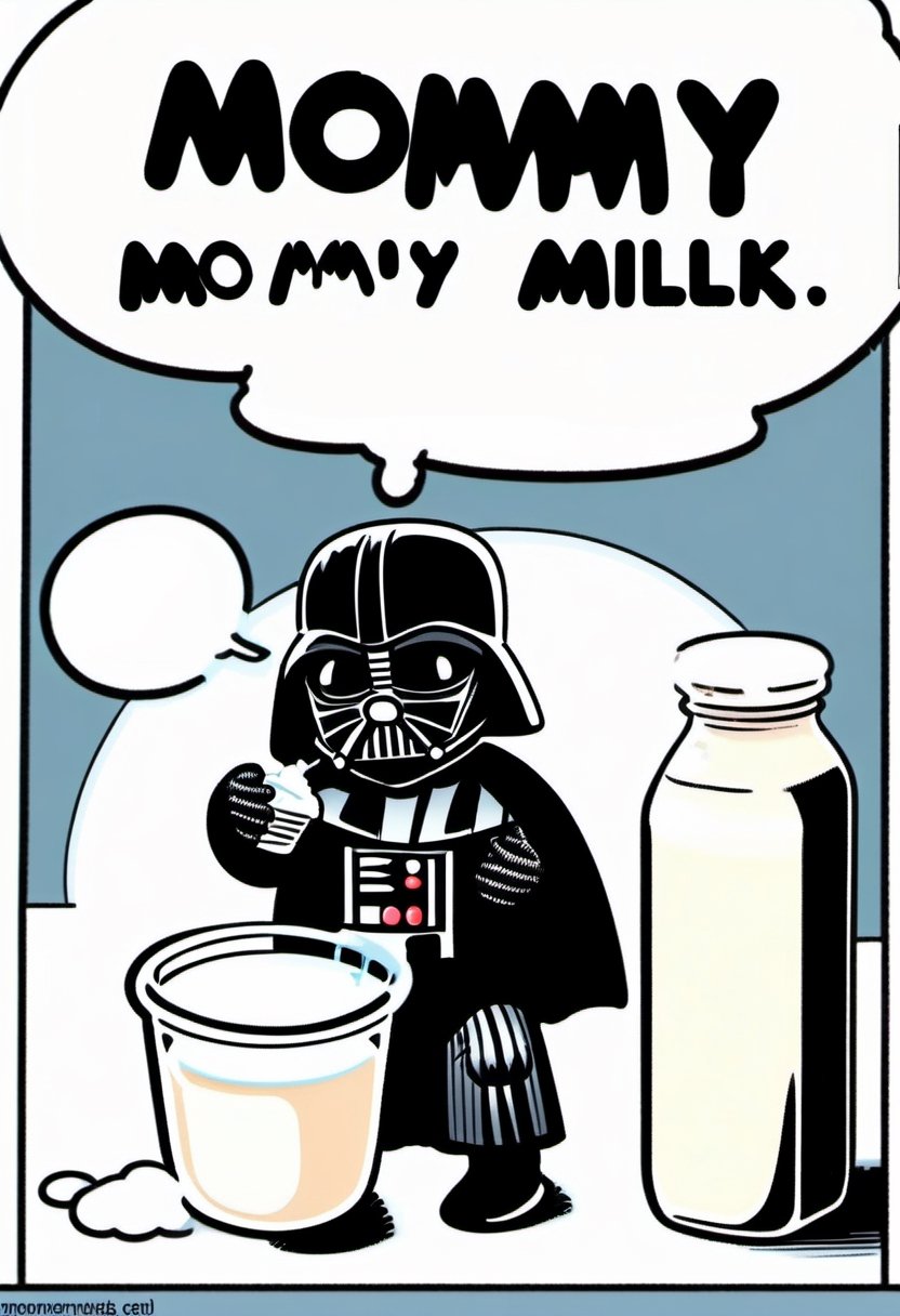 Baby wearing Darth Vader Helmet,  sucking on a bottle of milk,  Comic strip speech bubble spells the word "MOMMY". by Nobo...