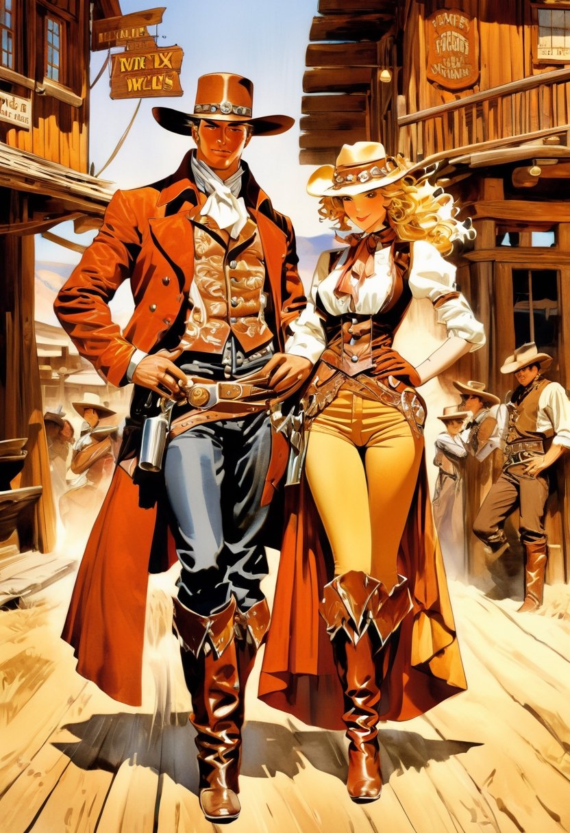 Anime artwork. only Couple in the wild west,  outside of saloon,  art by J.C. Leyendecker by NobodyButMeow on Tensor.Art