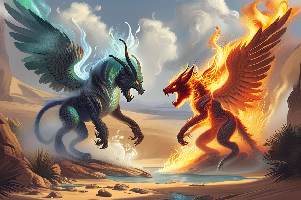 Fantasy painting of two mythical creatures fighting in a desert oasis. One is made of flowing water. The other is made of flaming fire. There is steam is between them.