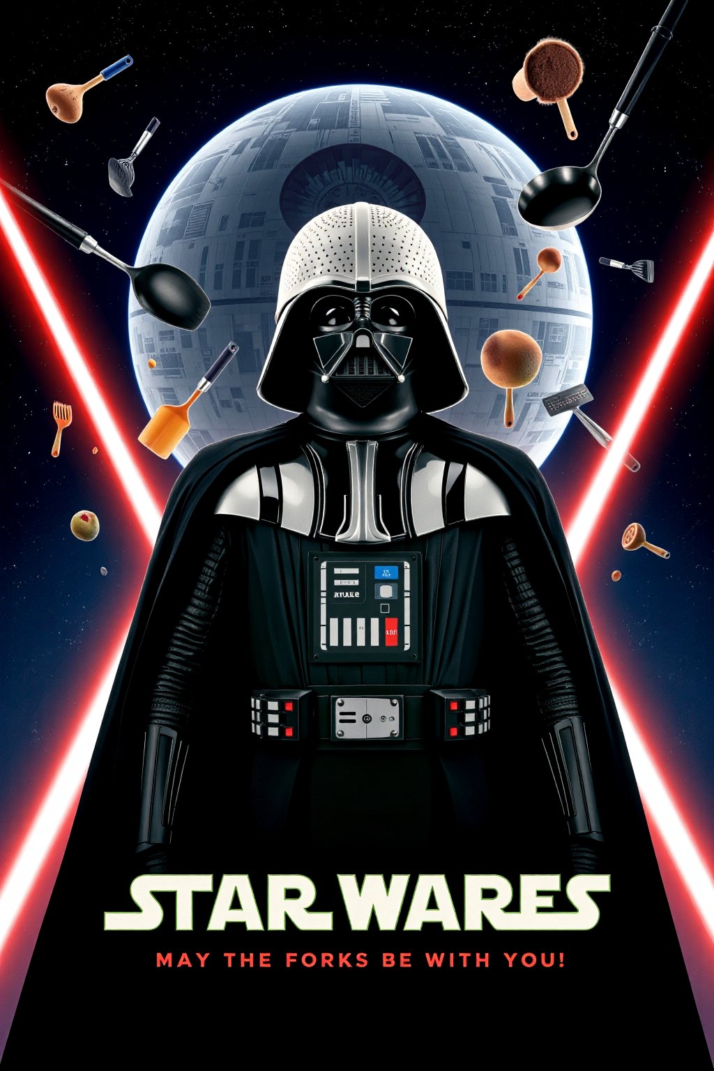 mvpstr with the title:"STAR WARES",  cinematic movie poster featuring Darth Vader with a kitchen colander hilariously repl...