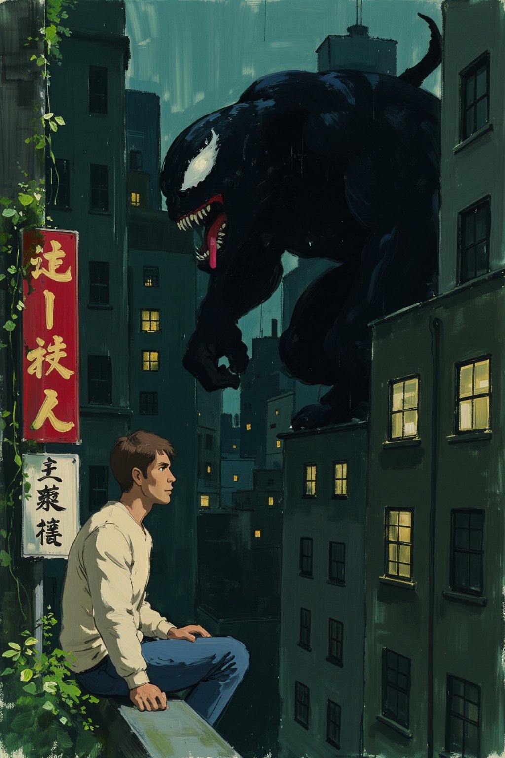 Sketch painting. ghiblistyle. A rainy night scene in a Japanese urban setting. A man in profile, with short brown hair and light skin sits on a low, on balcony, looks up a looming and towering profile of Venom who advances on the same structure. The man wears a light beige long-sleeved shirt, blue jeans, and red shoes. Venom is depicted in his classic form: large, black, and muscular with a toothy grin, long red tongue, and white, menacing eyes. The background features a dense array of multi-story buildings with glowing windows and Japanese signage. Two vertical signs are prominent in the foreground. One, directly behind the man, is red with gold-colored characters (presumably Kanji). The other, on the lower left edge, is a lighter color with darker vertical text. The scene is filled with dark greens and blues, giving it a nocturnal and slightly melancholic atmosphere. Greenery, like vines and leafy plants, grows on the buildings and the structure where the man sits, contributing to the Ghibli aesthetic.,