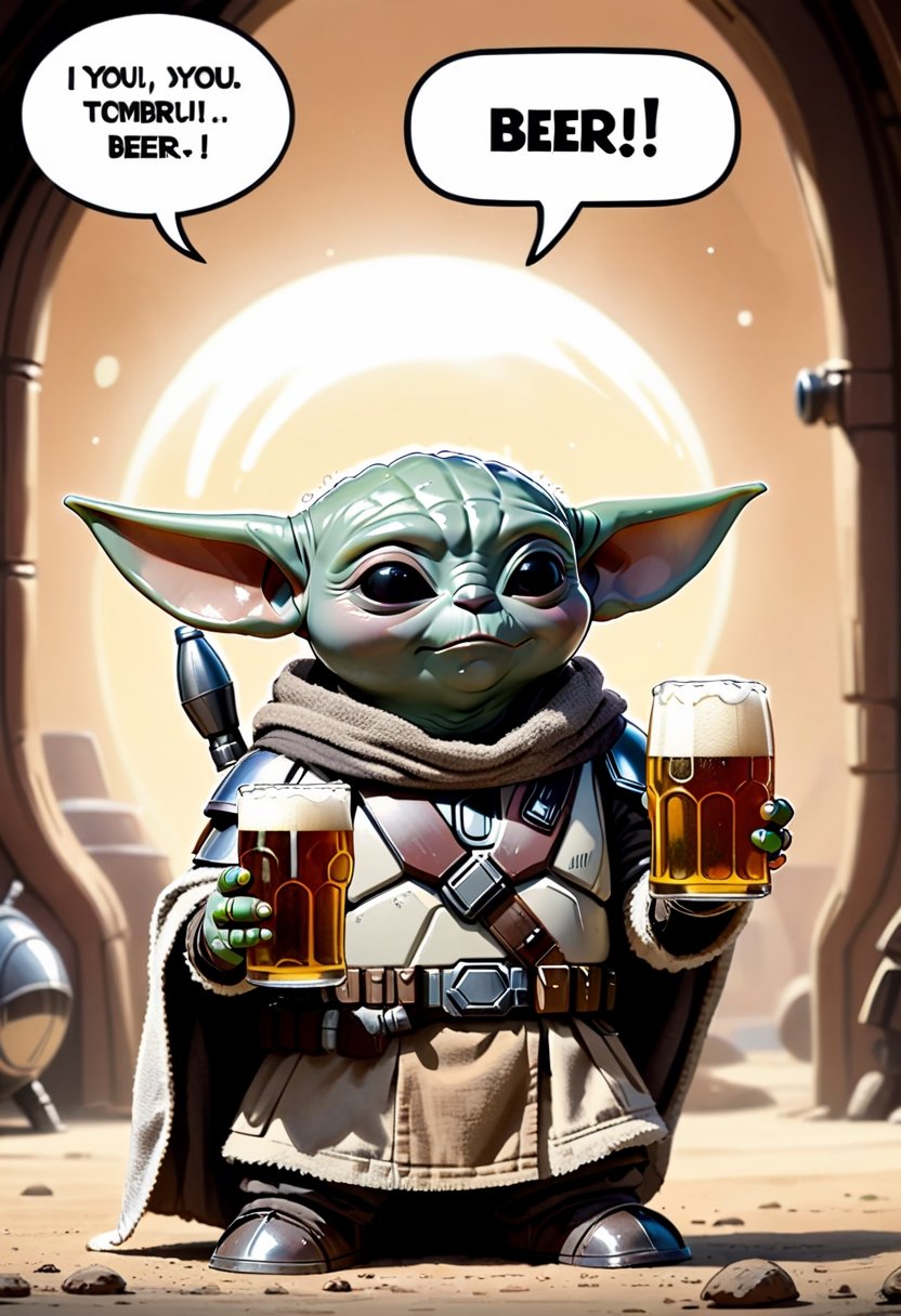 Grogu from the Mandalorian drinking beer ,  Comic strip speech bubble says "BEER!". by NobodyButMeow on Tensor.Art