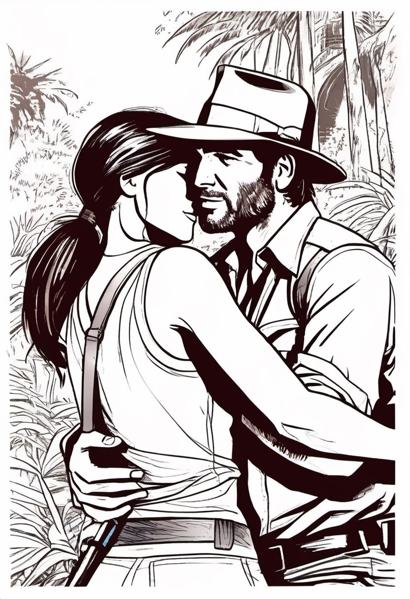 Indiana Jones hugging Lara Croft,  Comic book Illustration by NobodyButMeow on Tensor.Art