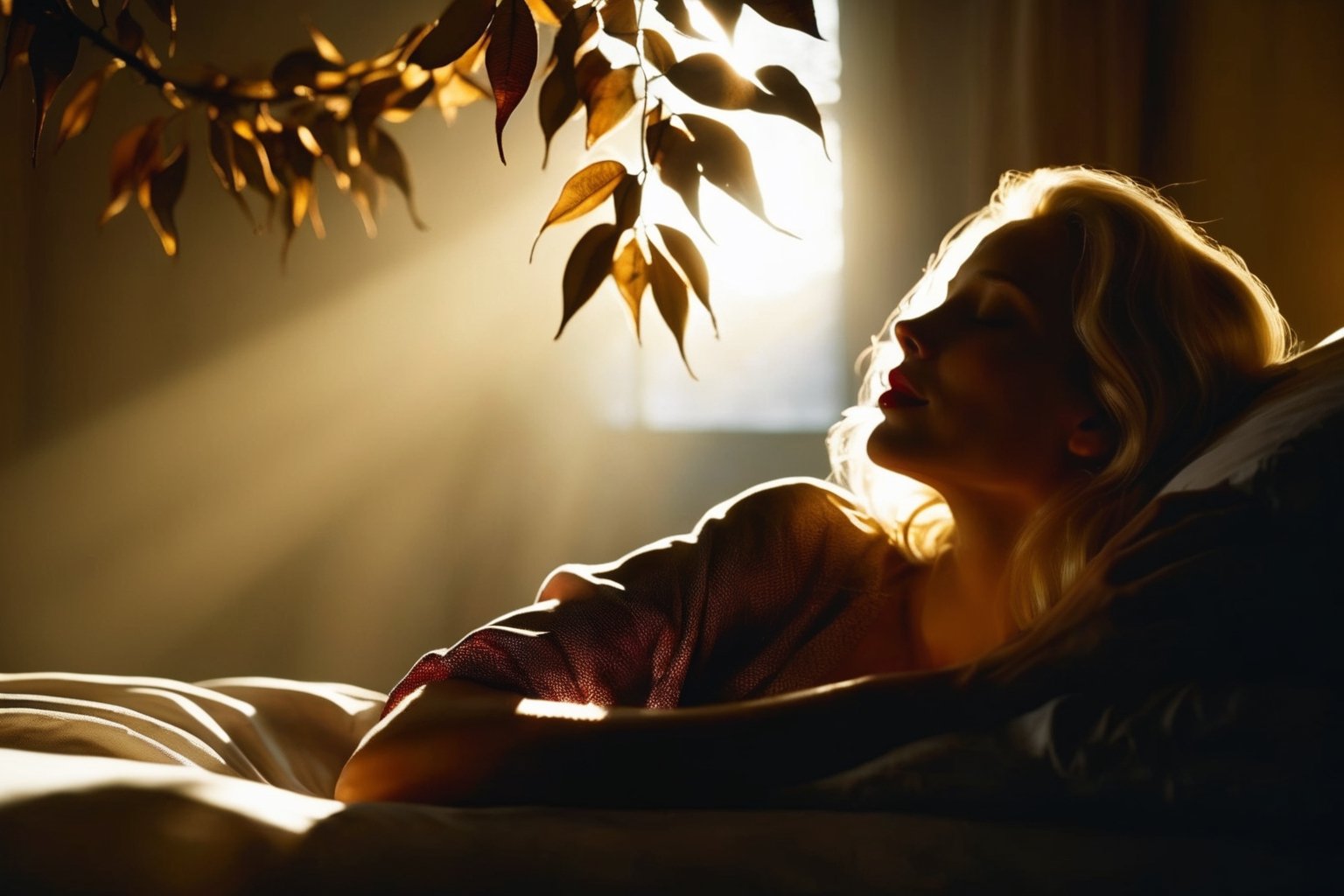 cinematic film still of a cucoloris patterned illumination casting a tree branch shadow a blonde woman,  sleeping peaceful...