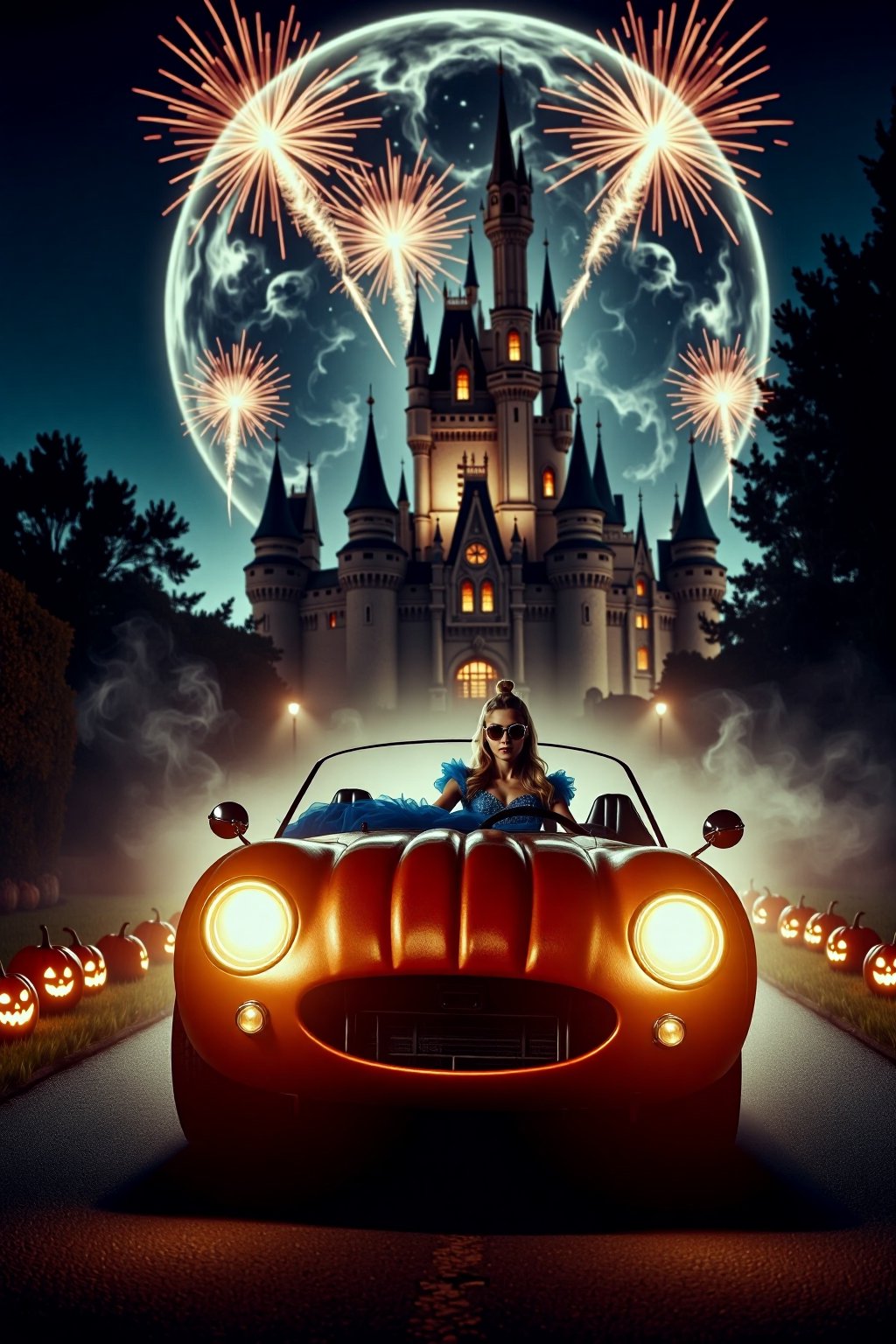 professional film grain horror photography of a dark cursed Cinderella driving pumpkin-shaped car as she heads to the ball. Cinderella, dressed in her sparkling blue gown, wears cool aviator sunglasses, adding a modern and edgy twist to her classic look. The car is round and shaped like a giant pumpkin. In the background, a majestic castle stands illuminated under the night sky, with bright fireworks bursting above it. The road leading to the castle is lined with glowing pumpkins, adding a magical touch. The vibe is a mix of fairytale magic and modern cool. Soft moonlight, vibrant fireworks, modern fairytale aesthetic, whimsical yet stylish.  smoke and gas spirit rising up. horror scary glowing,AHaunted,