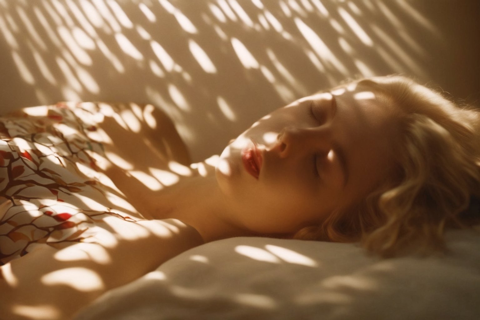 cinematic film still of a cucoloris patterned illumination casting a tree branch shadow a blonde woman,  sleeping peaceful...
