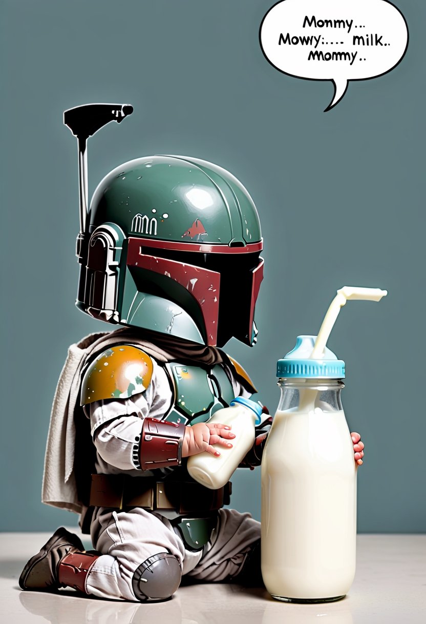 Baby boba fett,  sucking milk from bottle,  Comic strip speech bubble says "MOMMY". by NobodyButMeow on Tensor.Art