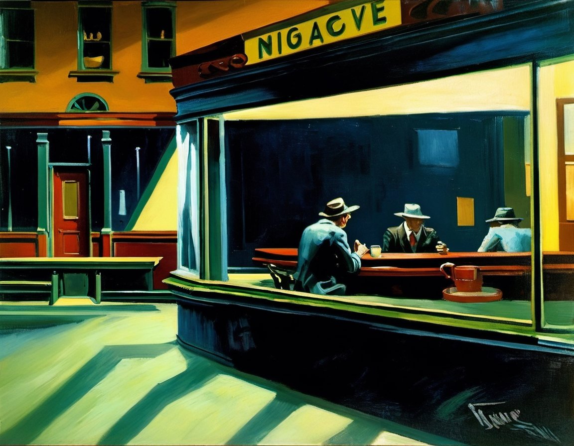oil on canvas painting,  Nighthawks 1942 art by Edward Hopper,  cyberpunk cafe dinner by NobodyButMeow on Tensor.Art