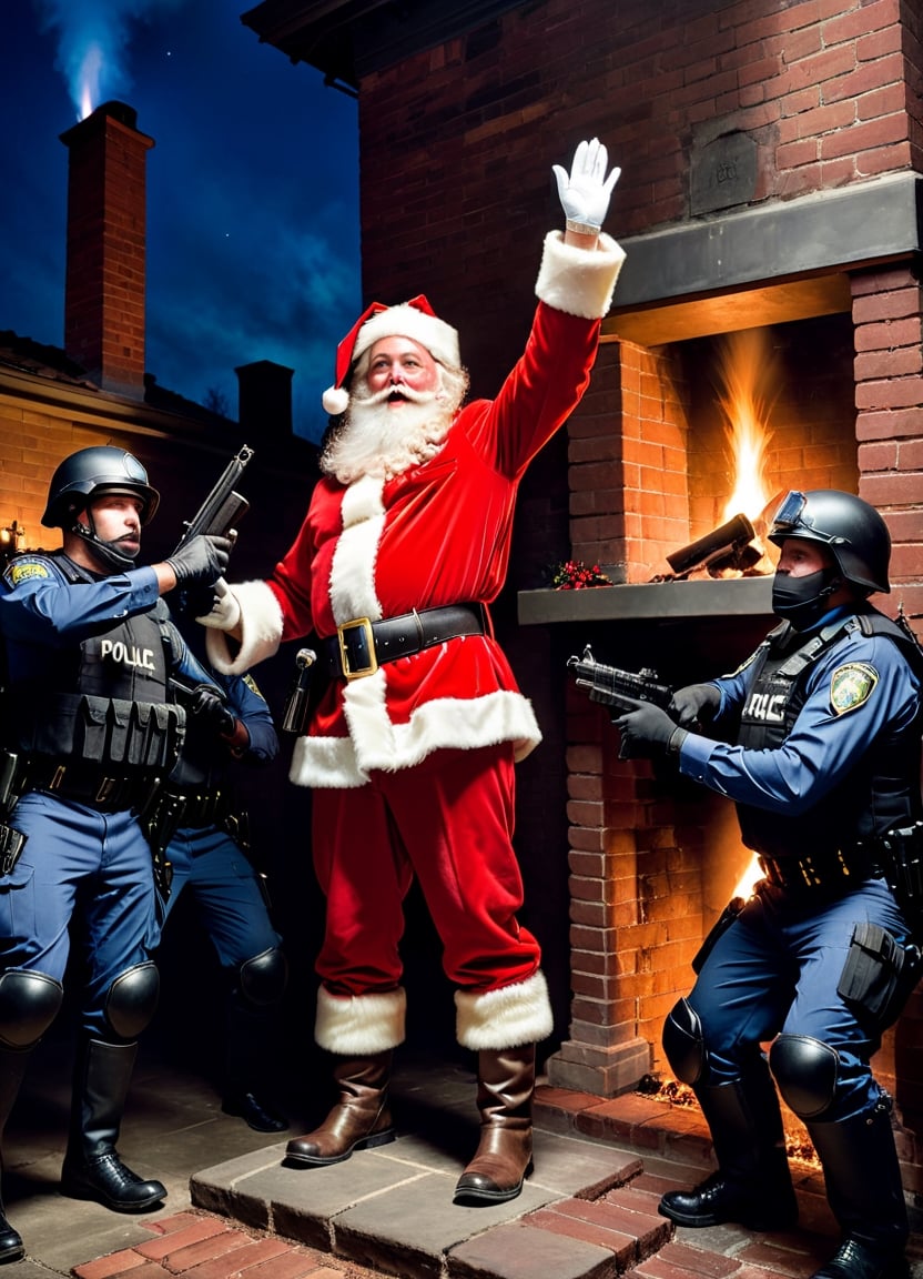 Photo of Santa,  both hands up in air in surrender,  standing beside a chimney with police SWAT team pointing their guns a...