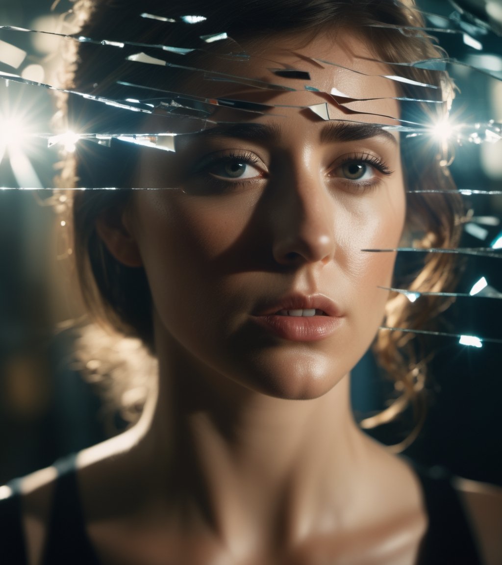 shattered mirror, reflect, girl's face, cinematic shot + dynamic composition, incredibly detailed, sharpen, details + intricate detail + professional lighting, film lighting + 35mm + anamorphic + lightroom + cinematography + bokeh + lens flare + film grain + HDR10 + 8K + Roger Deakins, ((cinematic))