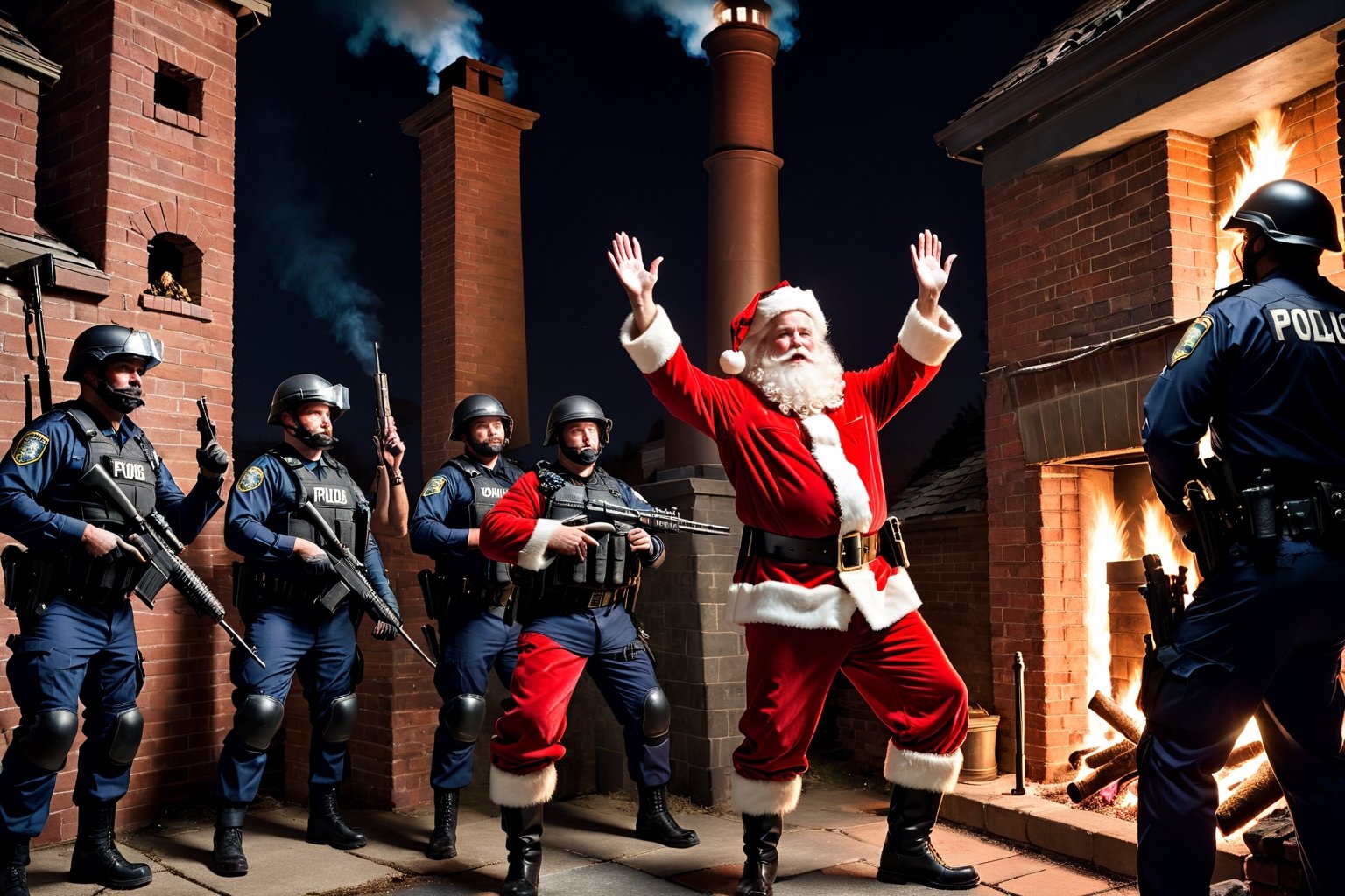 Photo of Santa,  both hands up in air in surrender,  standing beside a chimney with police SWAT team pointing their guns a...