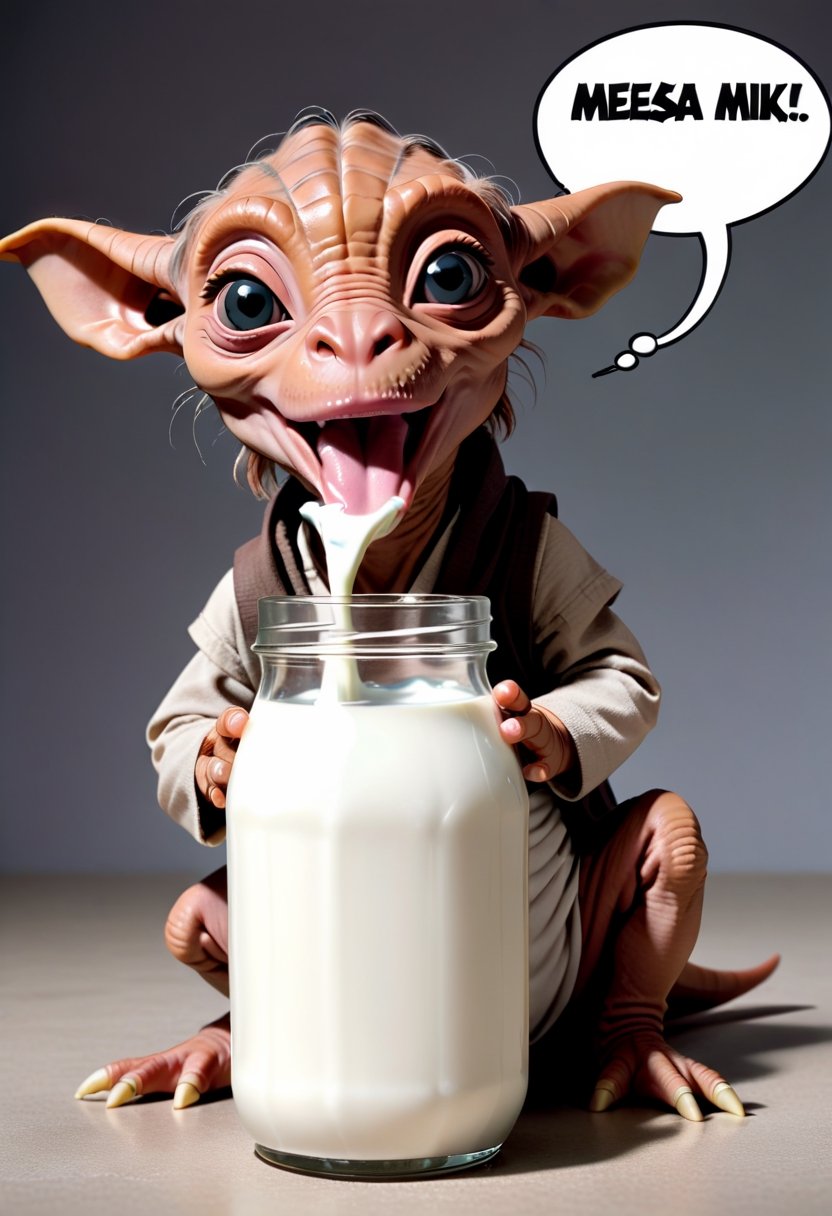 Tiny Baby Jar Jar Binks,  drinking milk,  Comic strip speech bubble says "MEESA MILK". by NobodyButMeow on Tensor.Art