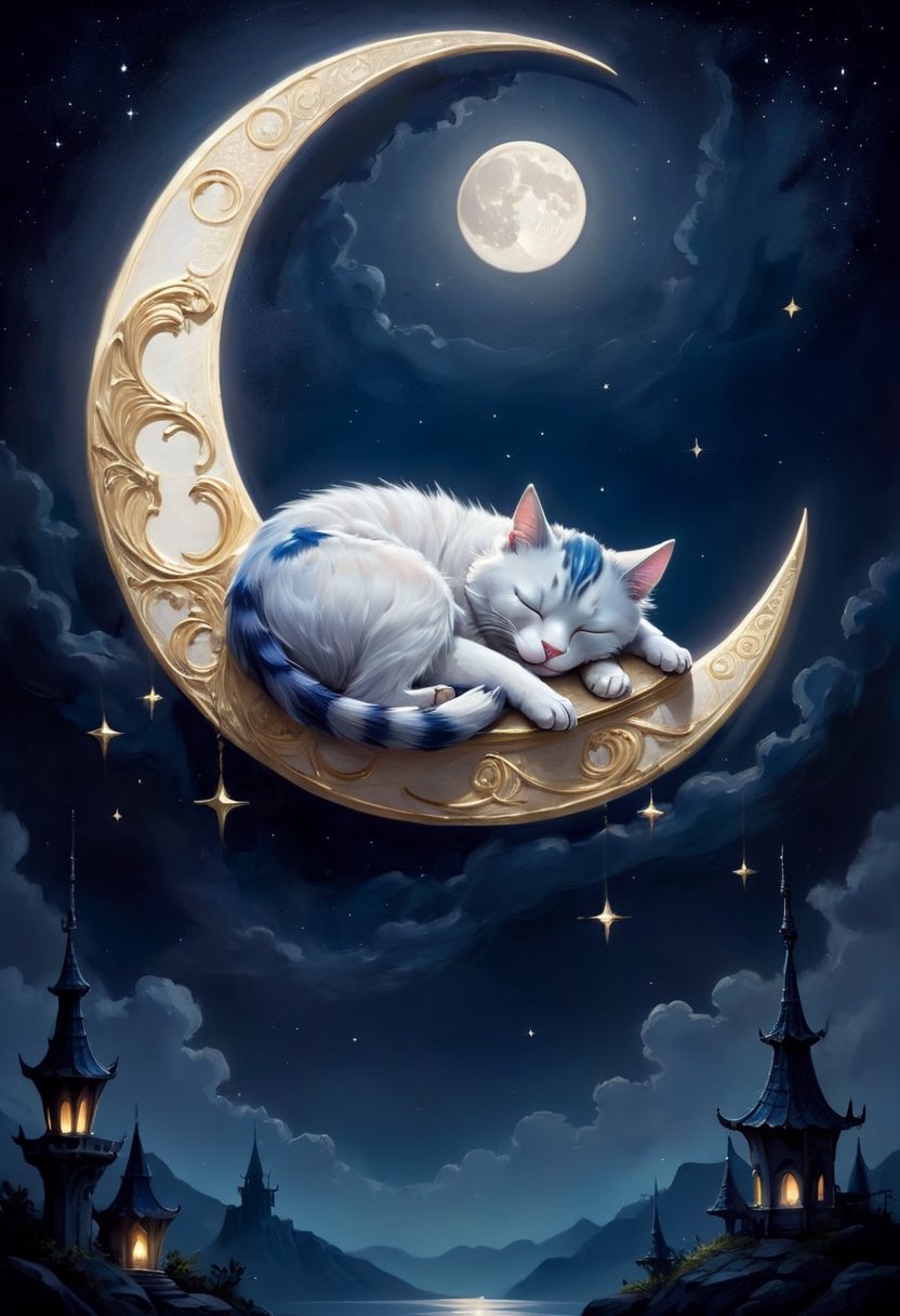 Fantasy painting of a cat sleeping on a crescent moon, night scene