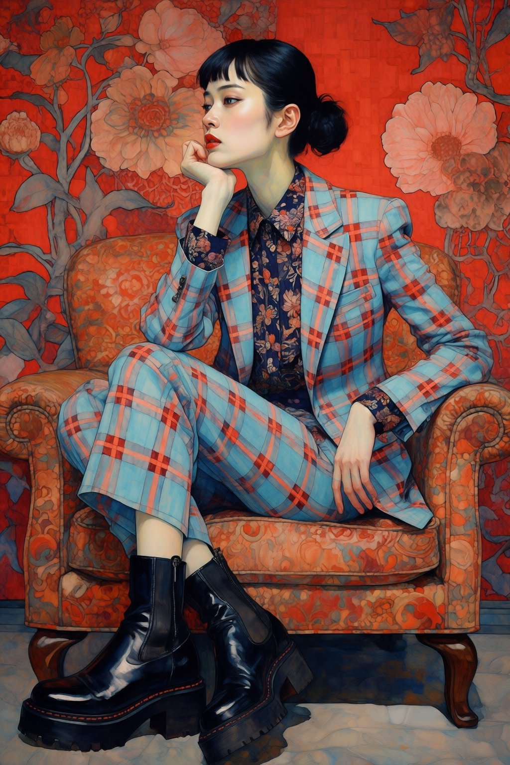 kaoruyamada2q painting. Low-angle view of a Japanese woman with her chin up and a confident expression,  her dark hair sle...