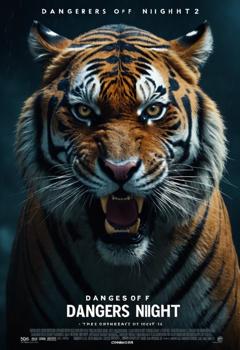 A angry tiger, dark scene, night, documentary, epic, cinematic, with title "DANGERS OF NIGHT" on it ,Movie Poster, MoviePosterRedAF