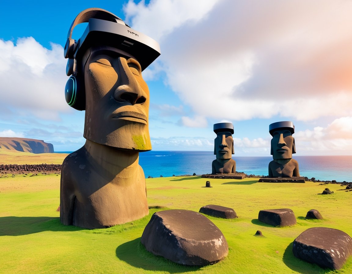 Easter Island statue, wearing VR Helmet