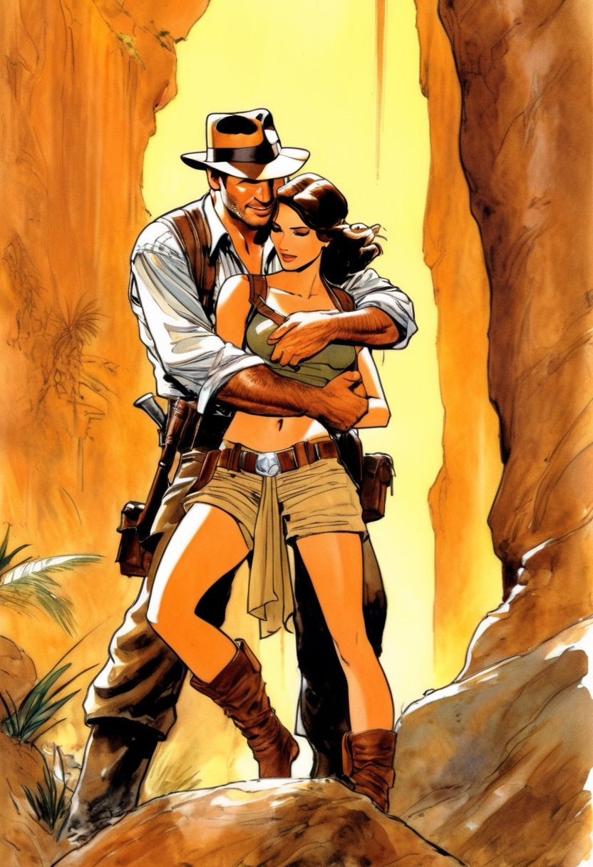 Indiana Jones hugging Lara Croft,  art by Milo Manara by NobodyButMeow on Tensor.Art