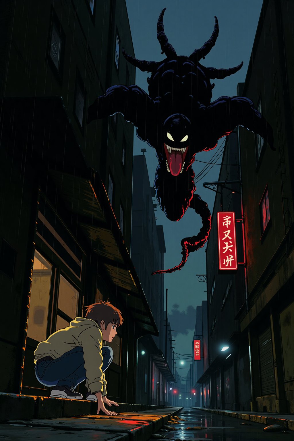 This digital artwork, inspired by Japanese anime style, depicts a tense scene in a dark, rainy city alley. A young man with short brown hair, wearing a beige jacket and blue jeans, crouches on a ledge, gazing up at a menacing, large, black, tentacled Venom with a wide, toothy mouth and a long, red tongue. The creature's eyes glow menacingly. Neon signs with Japanese characters illuminate the background, adding a sense of urban decay. 