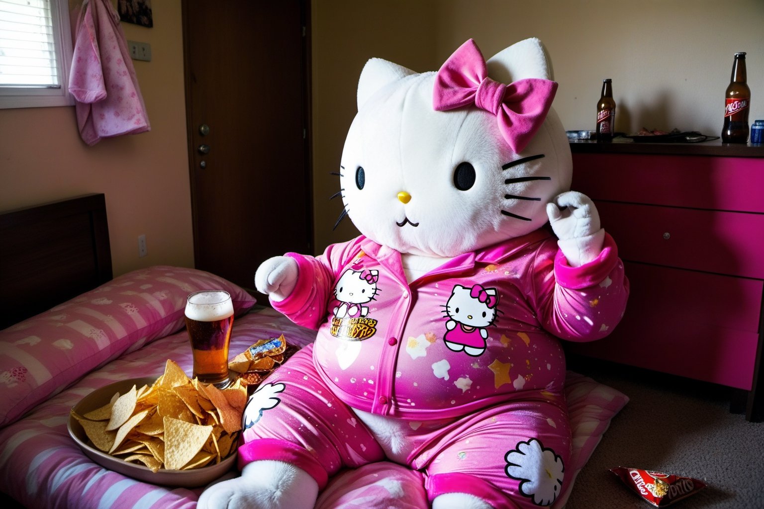 Photo of an obese Hello Kitty in Pink Pijama drinking beer. Discarded chips and Doritos all around her bedroom. by NobodyB...