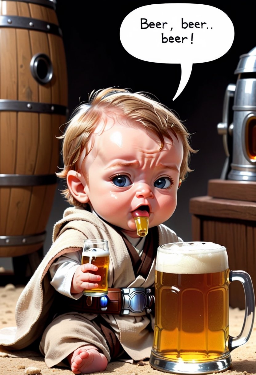Baby Obi-Wan Kenobi,  drinking beer ,  Comic strip speech bubble says "BEER". by NobodyButMeow on Tensor.Art