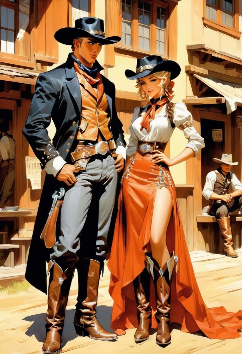 Anime artwork. only Couple in the wild west,  outside of saloon,  art by J.C. Leyendecker by NobodyButMeow on Tensor.Art